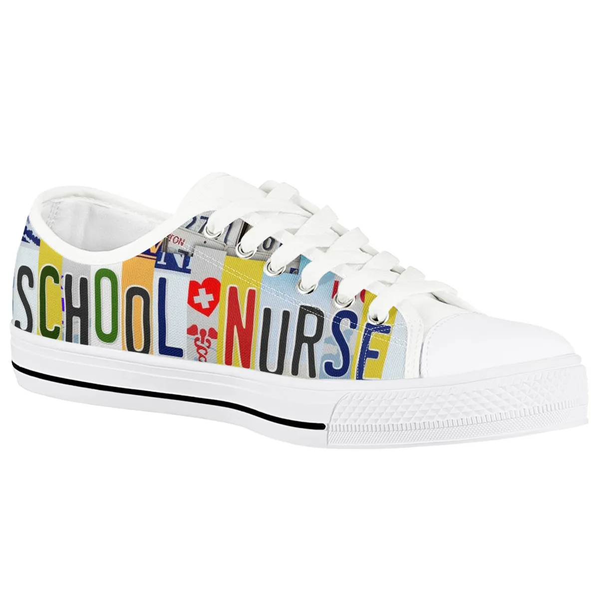 Women's Fashion Vulcanize Shoes New Retro License Plate School Nurse Canvas Shoes Flat Fashion Comfortable High Shoes