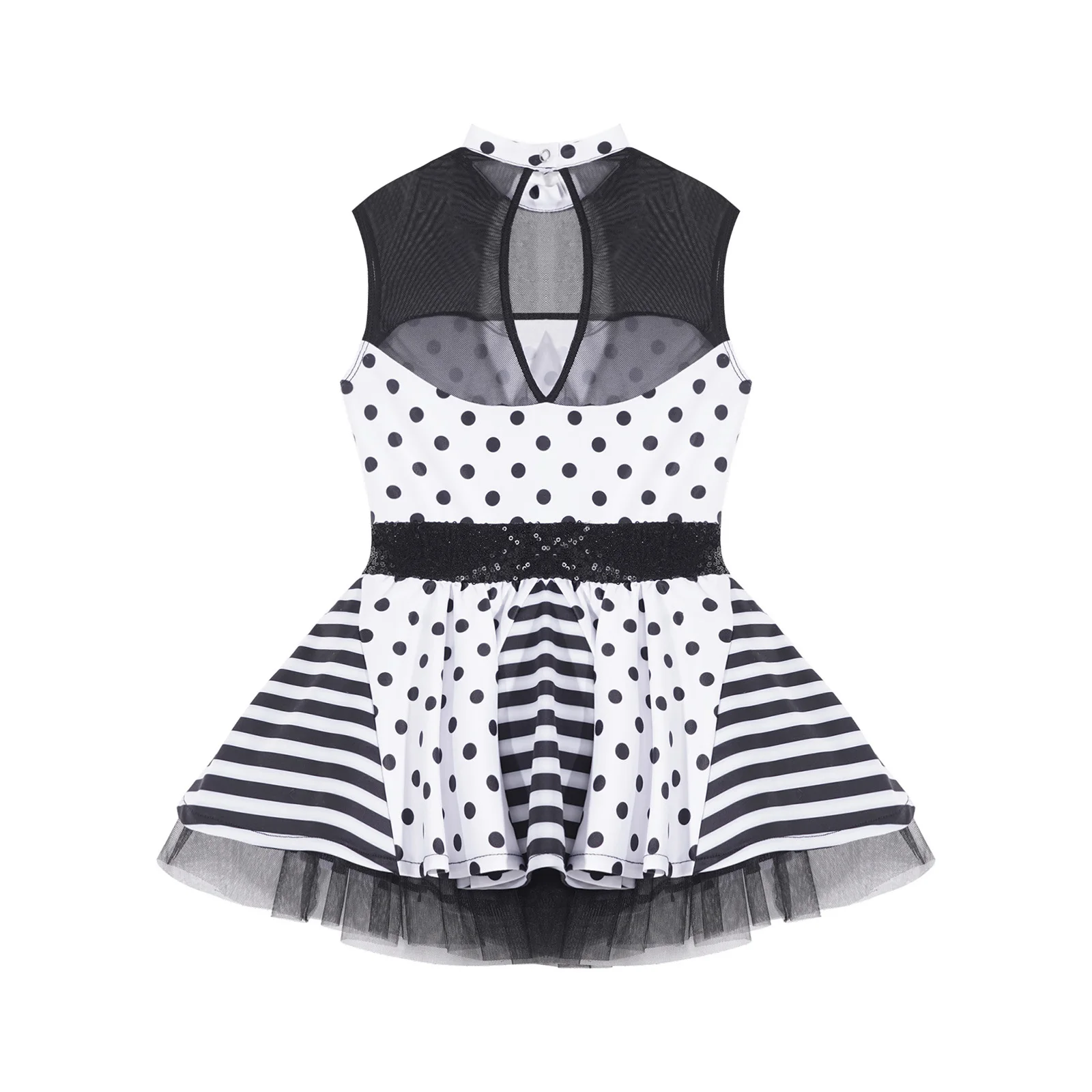 Kids Girls Polka Dots Sequins Sleeveless Mock Neck Bowknot Ballet Dance Tutu Dress Leotard Stage Performance Costume Dancewear