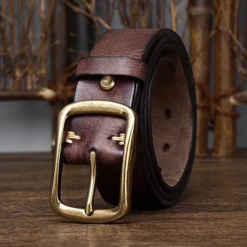 

3.8CM Pure Cowhide Copper Brass Buckle Genuine Leather Casual Jeans Belt Men High Quality Waistband Male Luxury Strap Cintos