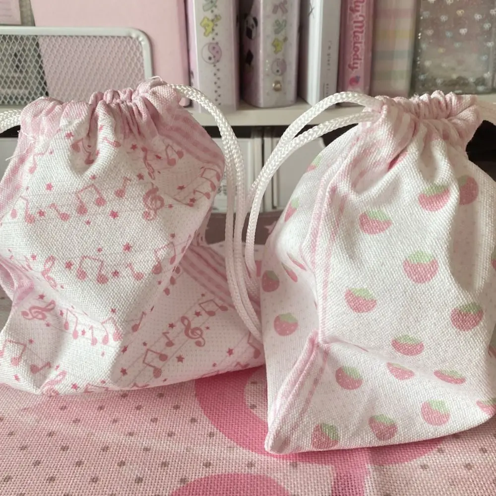 Canvas Strawberry Musical Note Drawstring Bag for Storage