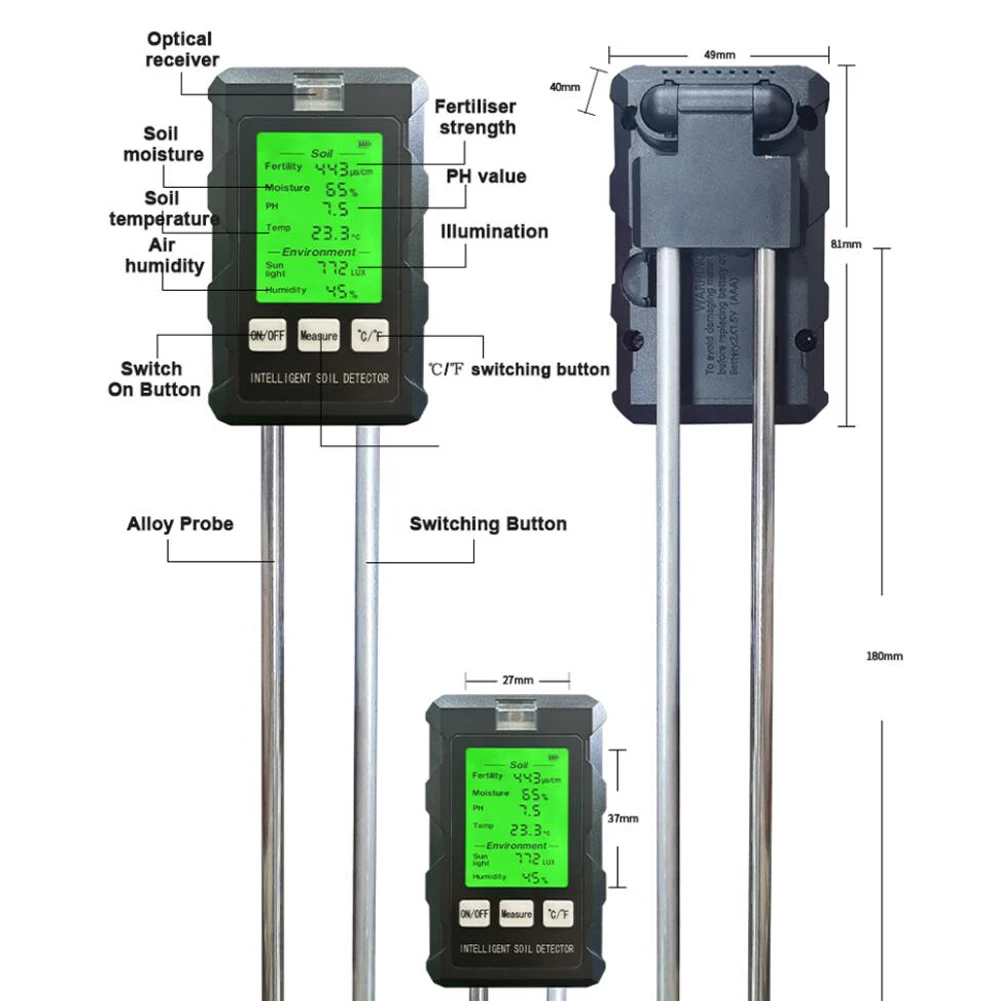 6 in1 Moisture Sunlight PH Meter Temperature Humidity Soil fertility Garden Plants Flowers Moist Tester Soil Moisture Sensor
