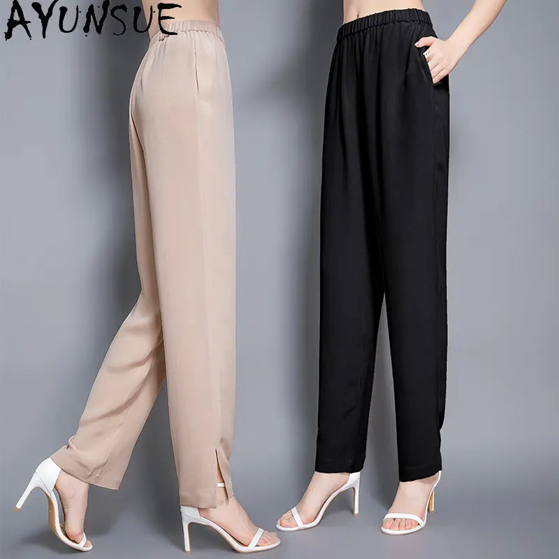 

95% Mulberry Silk Long Trousers Summer Elegant Pants for Woman Clothes Loose Straight Casual Women Pants High Waist Streetwear