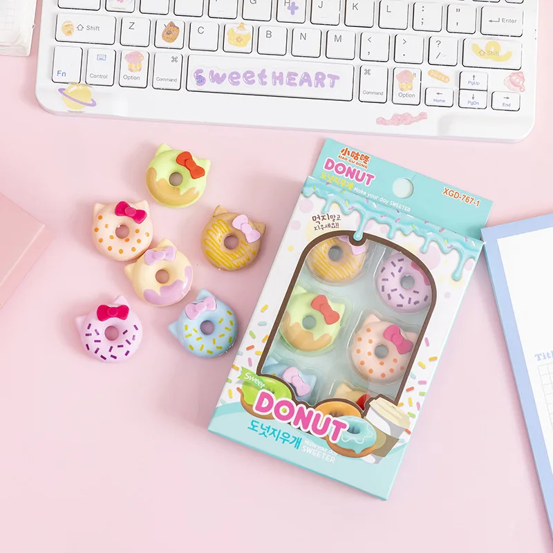 Pencil Erasers 6Pcs/Box Cat Donut Shape