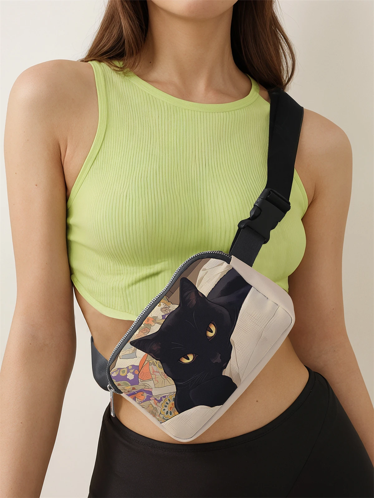 1-piece set, black cat pattern fashionable adjustable crossbody bag, neutral sports waist bag, suitable for running
