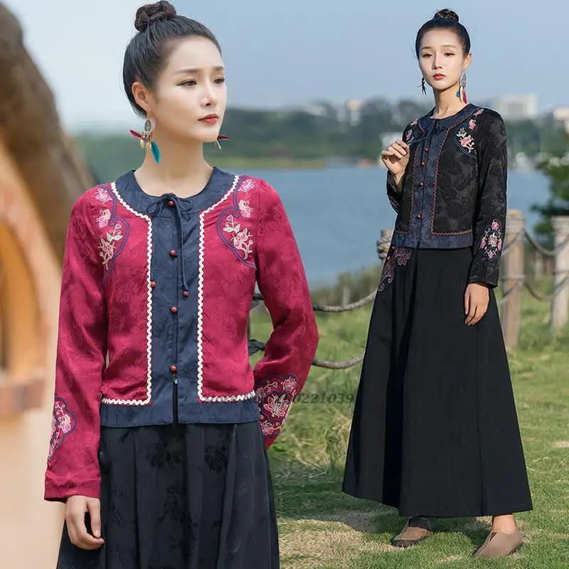 2024 ethnic style vintage harajuku national flower embroidery chinese coat tang suit women elegant short hanfu tops retro jacket