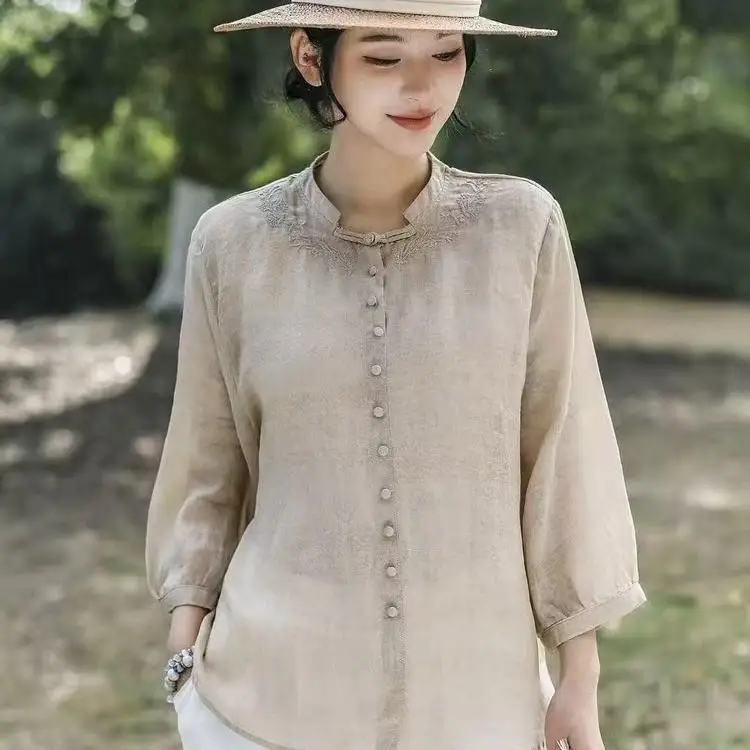 Elegant Harajuku Slim Fit Female Loose Casual All Match Tops Women embroidery Button Three Quarter Sleeve Blouses