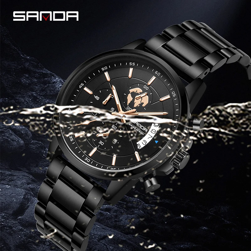 Sanda 5015 Product Three Eyes Six Needle Quartz Men's Watch Fashion Simple Steel Band Calendar Waterproof Korean Quartz Watch