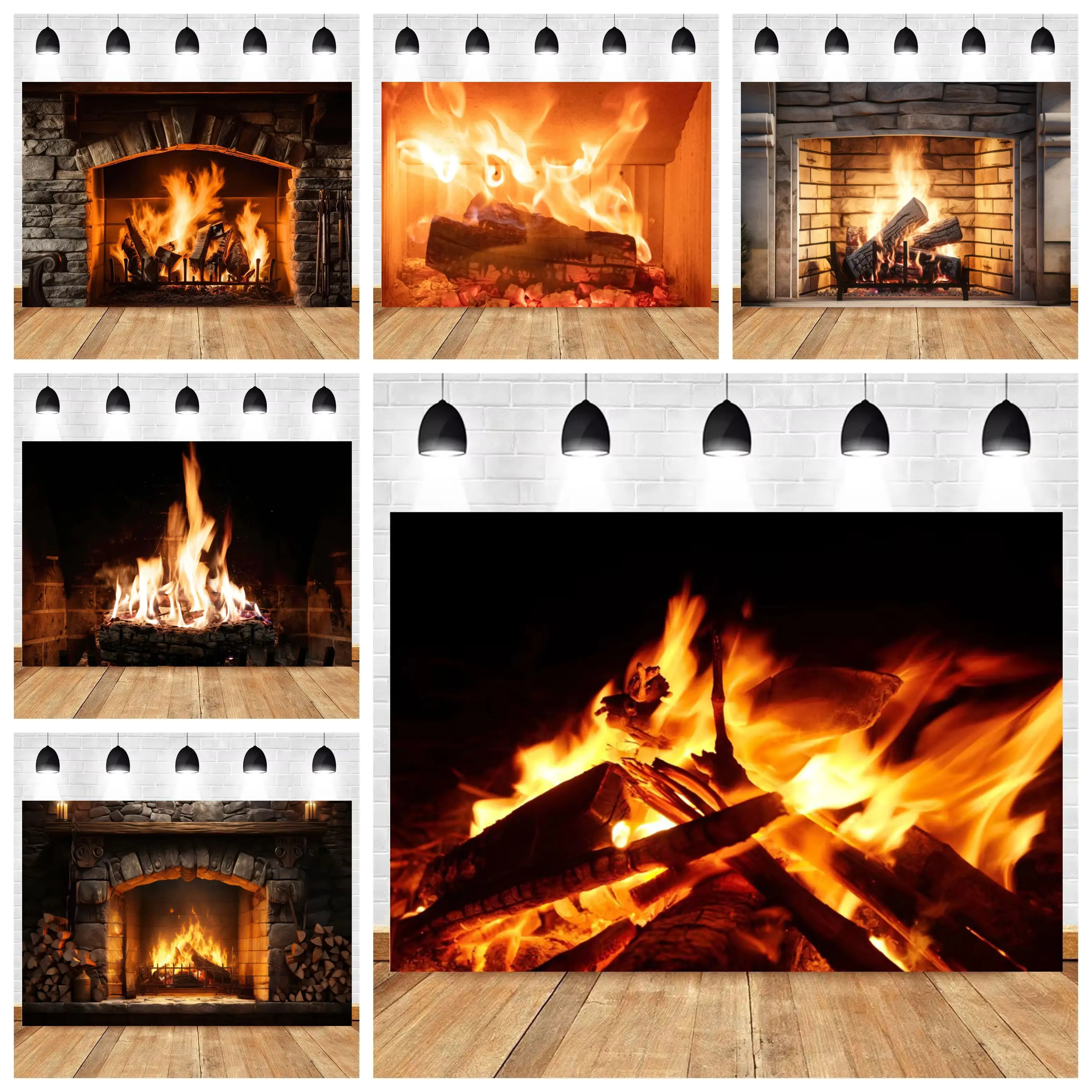 ฉากหลังถ่ายภาพเตาผิงฤดูหนาว เผาฟืน เปลวไฟ คริสต์มาส ชนบท ภาพบุคคล ตกแต่งบ้าน 1