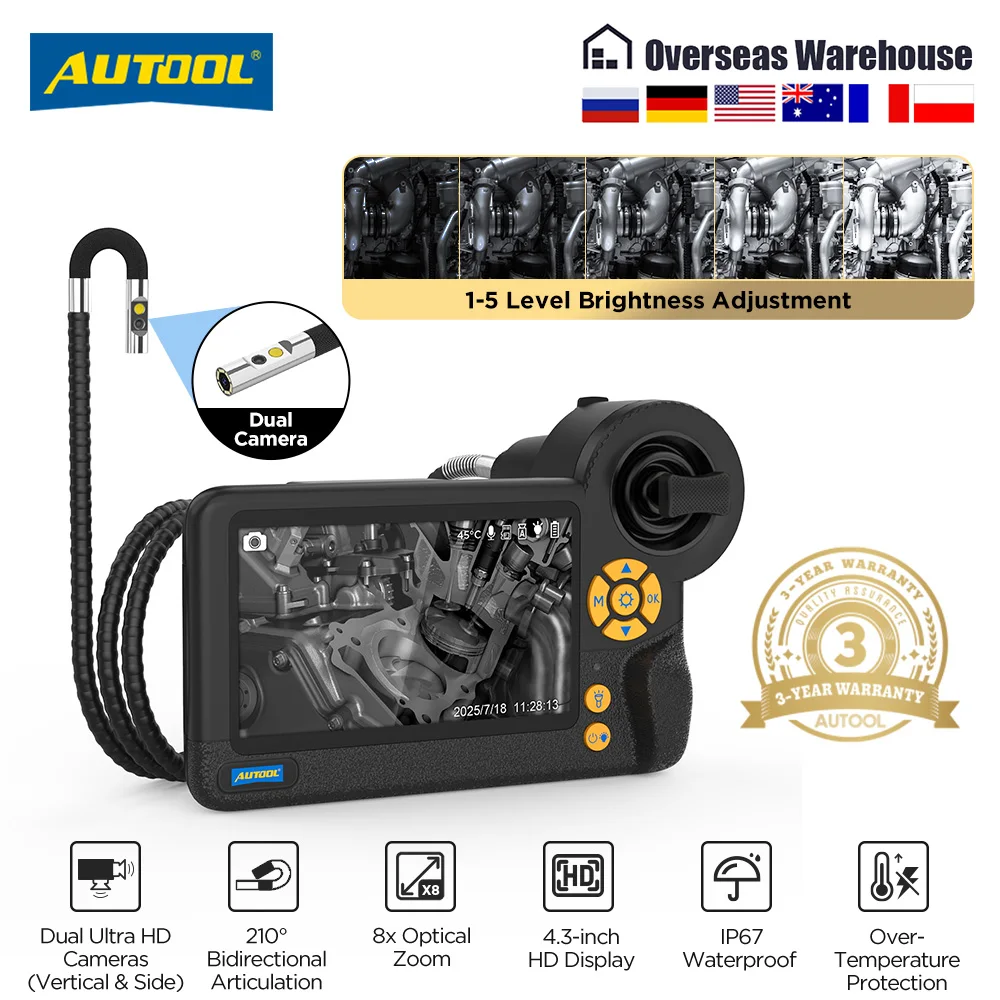 AUTOOL 4.3인치 1080*720 HD 듀얼 자동차 파이프 카메라 비디오 보어스코프 210 °   회전 검사 카메라 32GB 메모리 카드 포함 SVB403