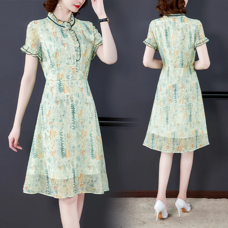 

Women Short Sleeve Print Chiffon Ruffled Midi Dress Summer Fashion Light Beach Sundress 2023 Korean Elegant Bodycon Party Dress