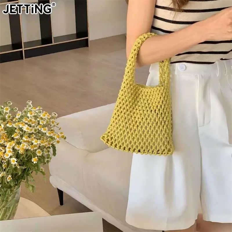 Summer Hand Woven Tote Bags Knitting Crochet Beach Shoulder Bag Hollow Out Handbag Ladies Knitting Straw Rope Underarm Bag