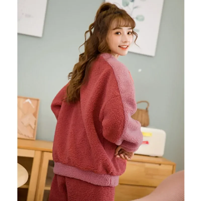 Winter New Women Sleepwear Thickened Plush Loungewear Coral Velvet Double-sided Lamb Down Warm Female Flannel Homewear Set 2024