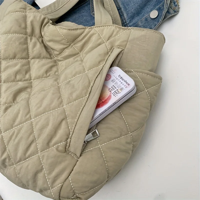 Women's Black & Beige Rhombus Quilted Tote Bag, Large Capacity Handbag Shoulder Bag with Quilted Purse for Travel Everyday Use