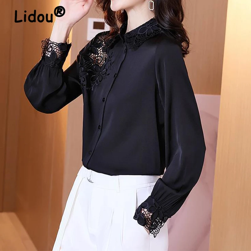 

Women Fashion Casual Turn-down Collar Solid Color Blouse Spring Autumn Embroidered Hollow Out Cardigan Shirt Ladies Chiffon Tops