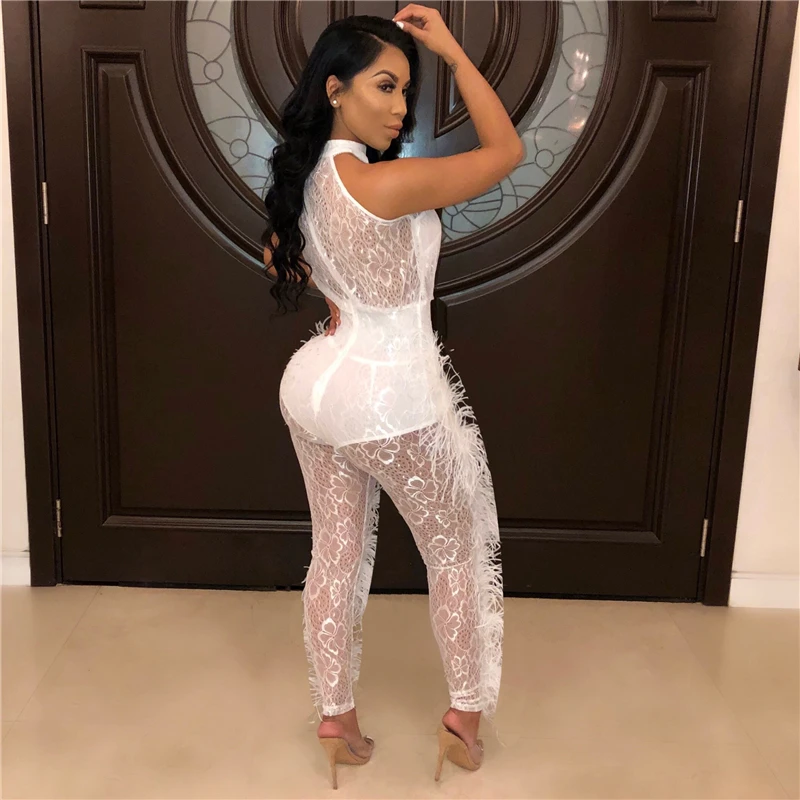 2021 Summer Overalls White Black Mesh Lace Sexy Romper Club Elegant Sexy Jumpsuit for Women Evening Long Party Jumpsuits Outfits