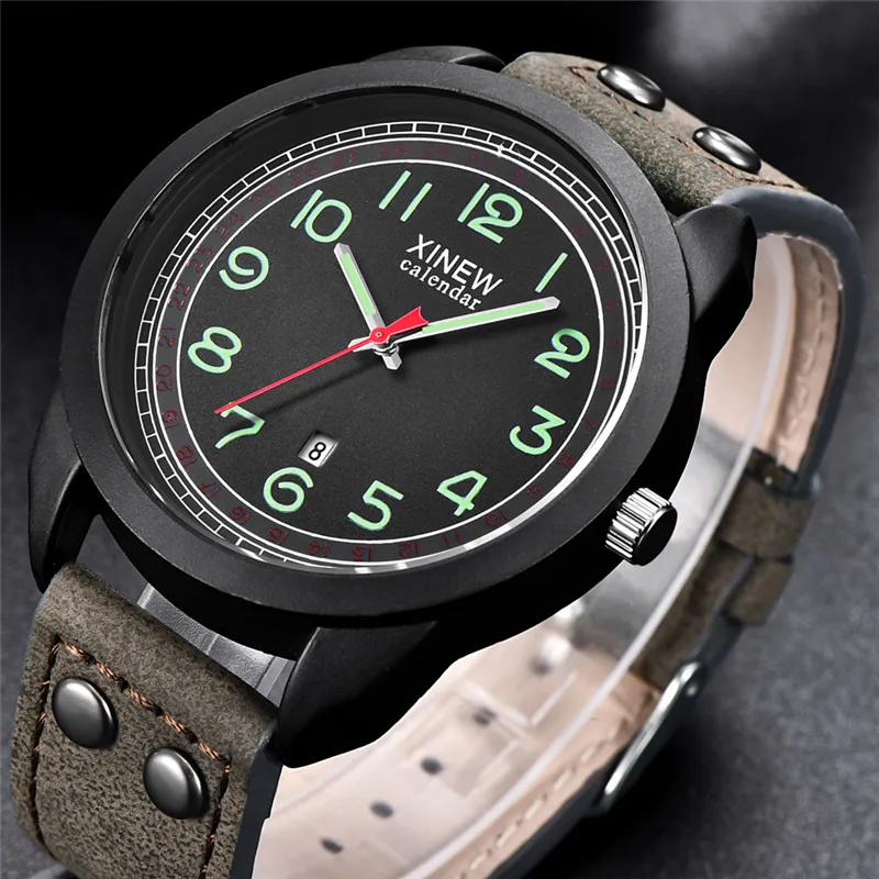 Men Original XINEW Brand Cheap Watches Erkek Barato Saat Fashion Leather Band Army Sports Date Quartz Watch Reloj Hombre 2024