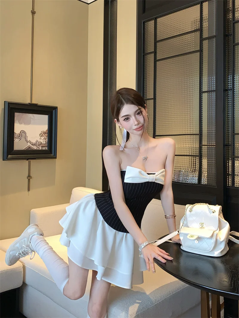 Sexy Striped Patchwork Short Dresses for Women Strapless Layered Ruffles A-line Bow Birthday Party Dress Korean Fashion Vestido