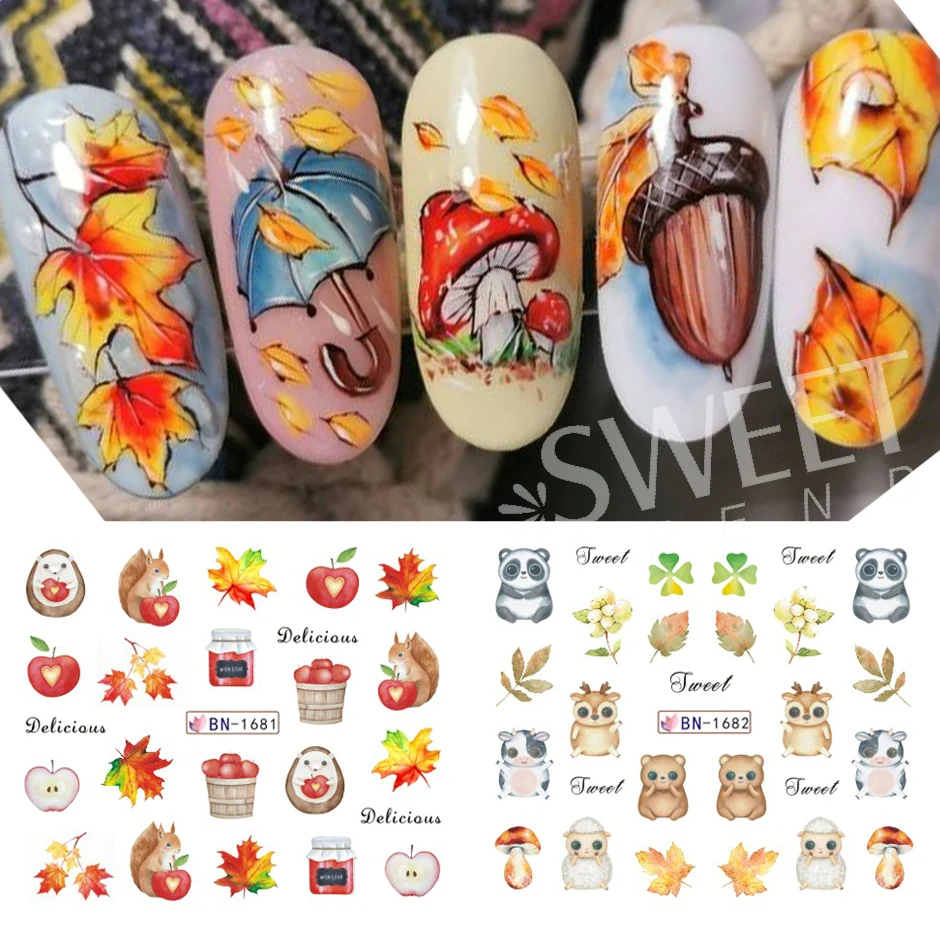 nail stickers 12pcs Hedgehog Animal Pine Cones Gold Fall Design Watercolor Winter Manicure Transfer Sliders