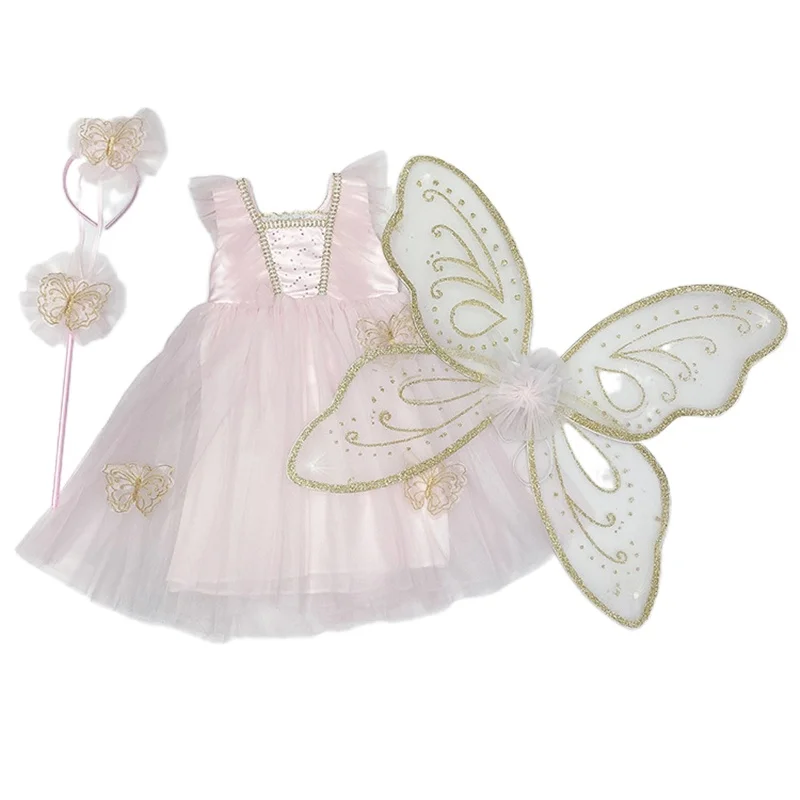 Girls Dress Princess Costume Kids Clothes Summer Girls Dress Butterfly Wings Lace Princess Dress Fashionable Birthday Party Children Kids Vacation Clothing