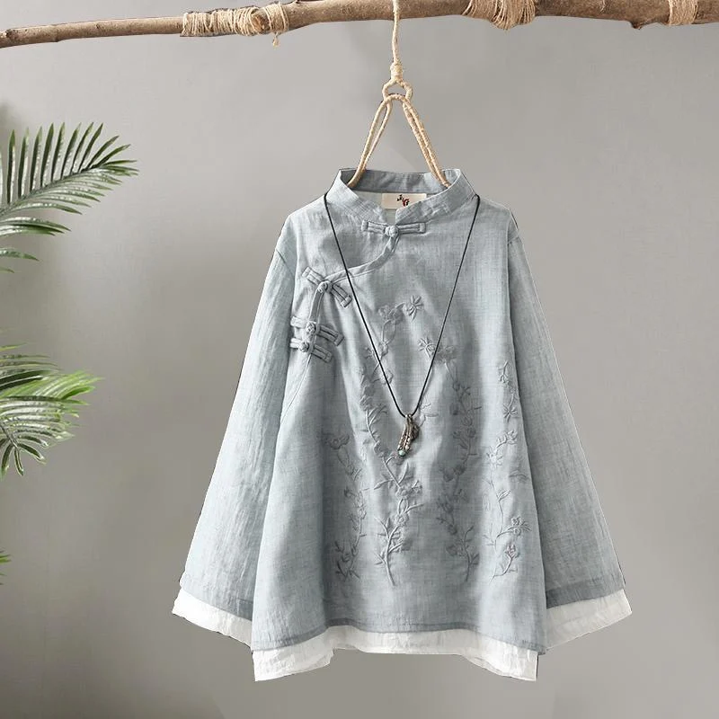 Retro Chinese Women Blouse Traditional Vintage Oblique Shirt Cotton Linen Oriental Woman Tops Mandarin Collar Cheongsam V2531