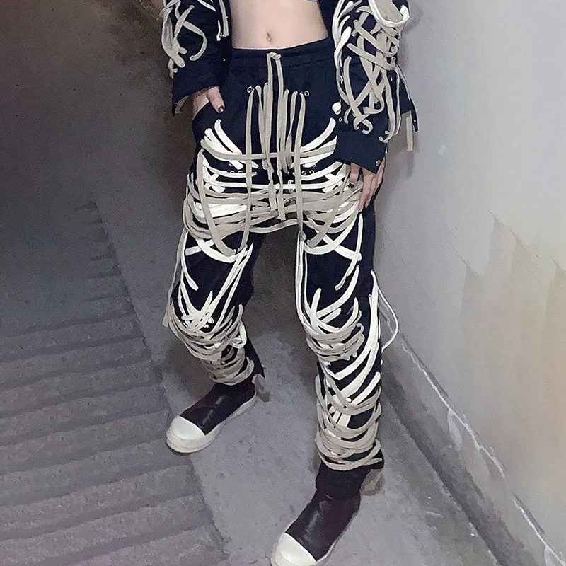 

2024 Spring New Fashionable Street Niche Design Sense Splicing Drawstring Tie Up Personalized Trendy Casual Pants For Women