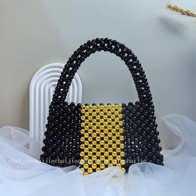 

New Black Spliced Gold Beaded Flipped Handheld Women's Bag 2024 Fashionable Ins Handwoven Customized Handbags for Women