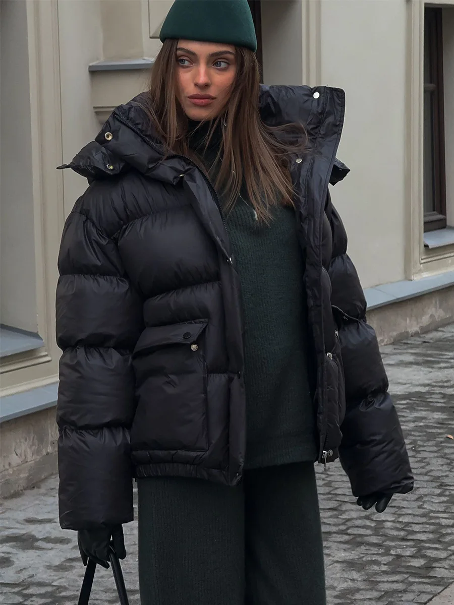 Bornladies Women's New Winter Black Parkas Fashionably Simple Cotton Padded Jacket Square Pocket Warm Hooded Outerwear