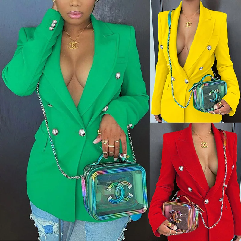 

2022 Autumn Women's Slim Double-breasted Solid Color Fashion Long Sleeve Suit Jacket