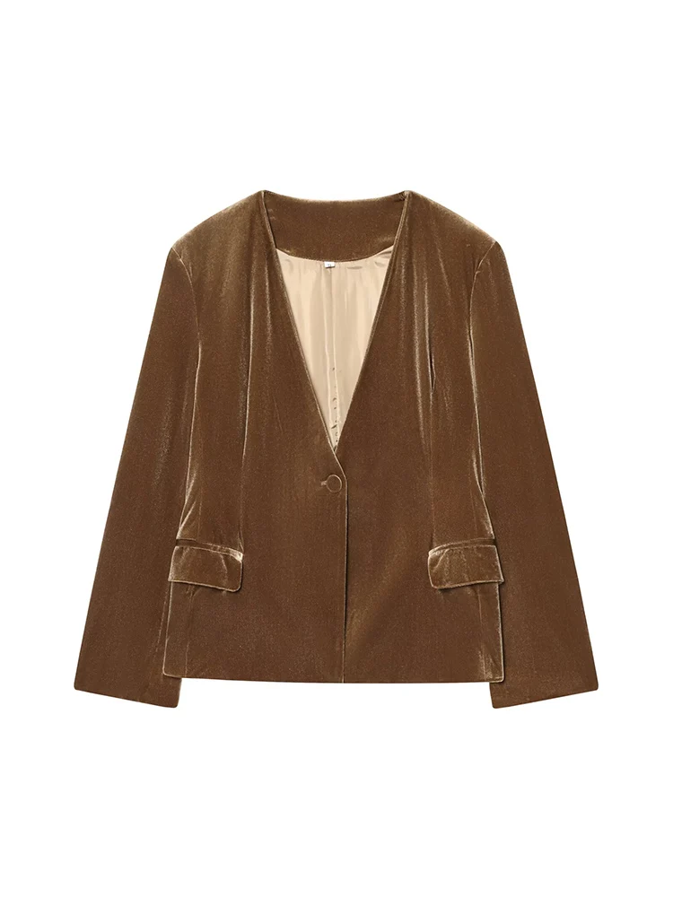 Women Elegant Velvet Pants Set 2 Piece Fashion Single Button Full Sleeve Blazer Zipper Wide Leg Pant Spring New Commuter Outfits