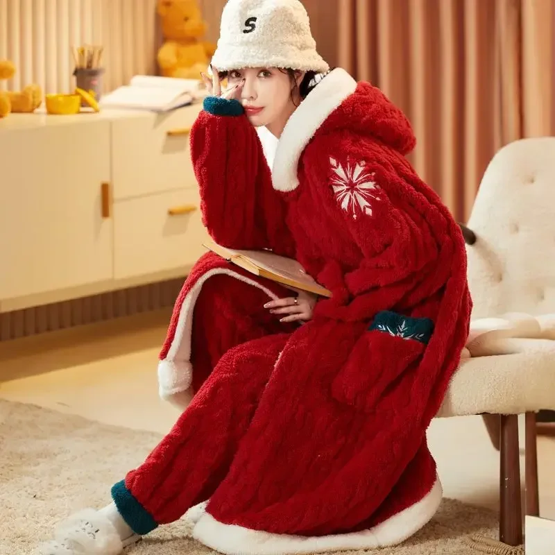 New Winter Women's Flannel Pajama Suit Coral Velvet Pajamas Long Nightgown Household Suit Plush Thicken Korean Fashion