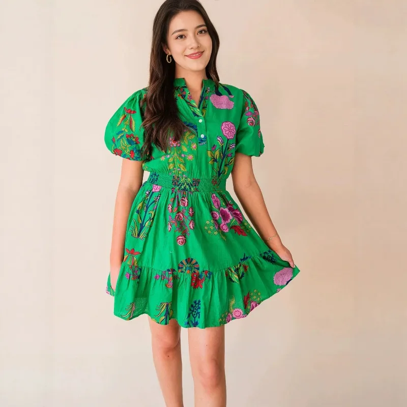 Damen Boho-Minikleid mit Blumenmuster, V-Ausschnitt, Rüschensaum, lässiges Sommerkleid, Vintage-Stil, tropisches Blumenmuster, Sommer, Strandurlaub, kurze Kleider