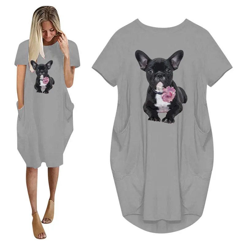 

Black French Bulldog Peony Frenchie Love Print Women Fashion Summer Short Sleeve Dress With Pocket Ladies O Neck T Shirt Dress