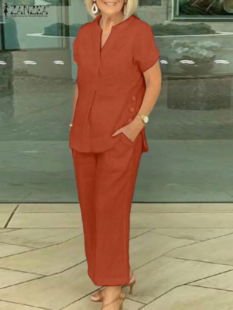 

Костюм ZANZEA женский летний из 2 предметов, модная блузка с коротким рукавом и брюки, повседневный элегантный деловой костюм для отдыха