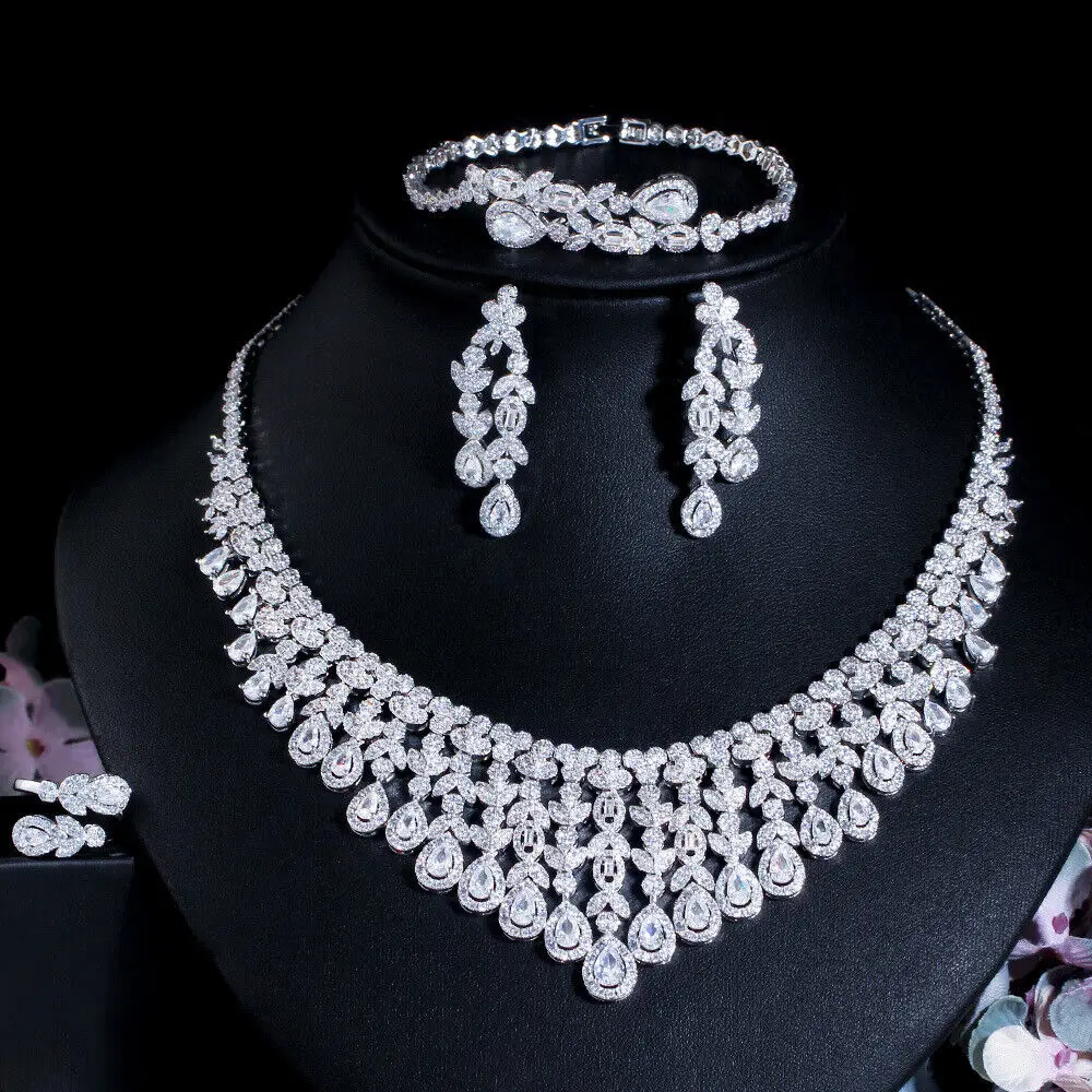 

Silver Plated CZ Leaf Drop Necklace Earrings Bracelet Ring Ladies Jewellery Set