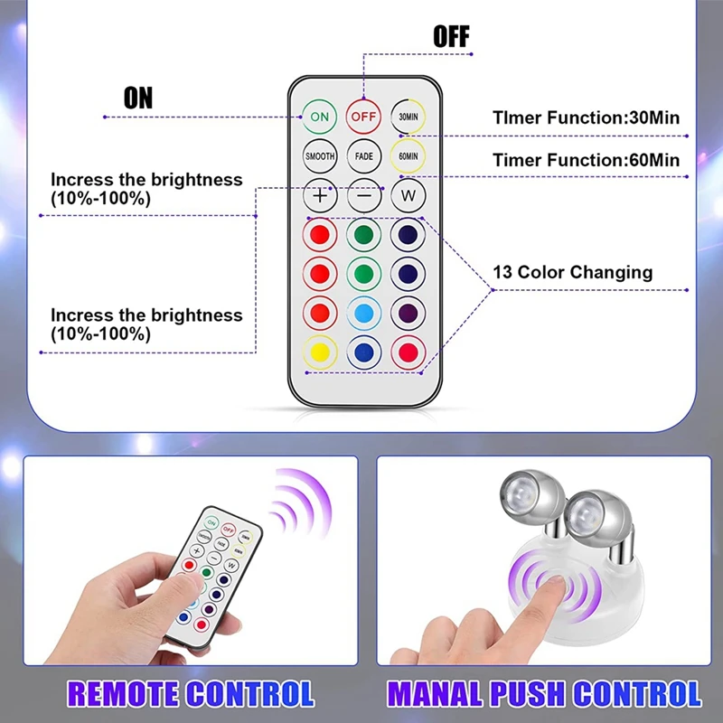 실내 듀얼 헤드 무선 LED 스포트라이트, 13 색 배터리 작동, RGB LED 악센트 조명, 리모컨 포함, 6 개