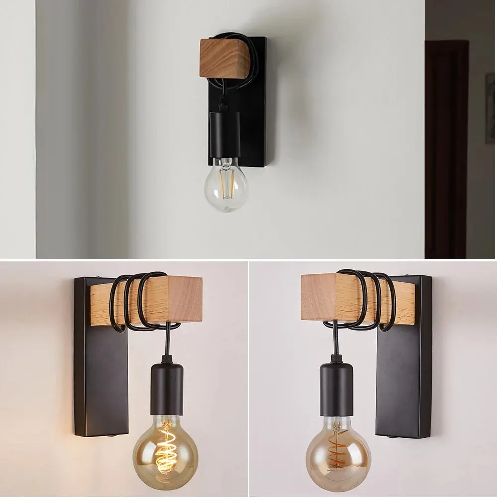 Retro Wood LED Wall Lamp E27 220V 110V Industrial Night Loft Light Fixtures Live Room Bedside Lamp Decor Bathroom Restaurant