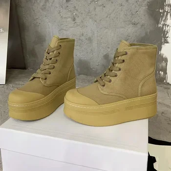 Sapatos casuais de lona com renda para mulheres, cor sólida, botas de moda conforto, fundo grosso, modernos, nus, RubberOutsoe, populares