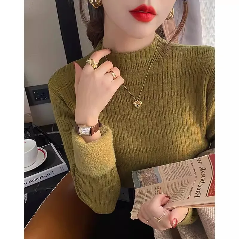 Solid Color Autumn and Winter Semi-turtleneck Women's Long Sleeve Sweater Fashion Pullover Knitwear Integrated Fleece Base Layer