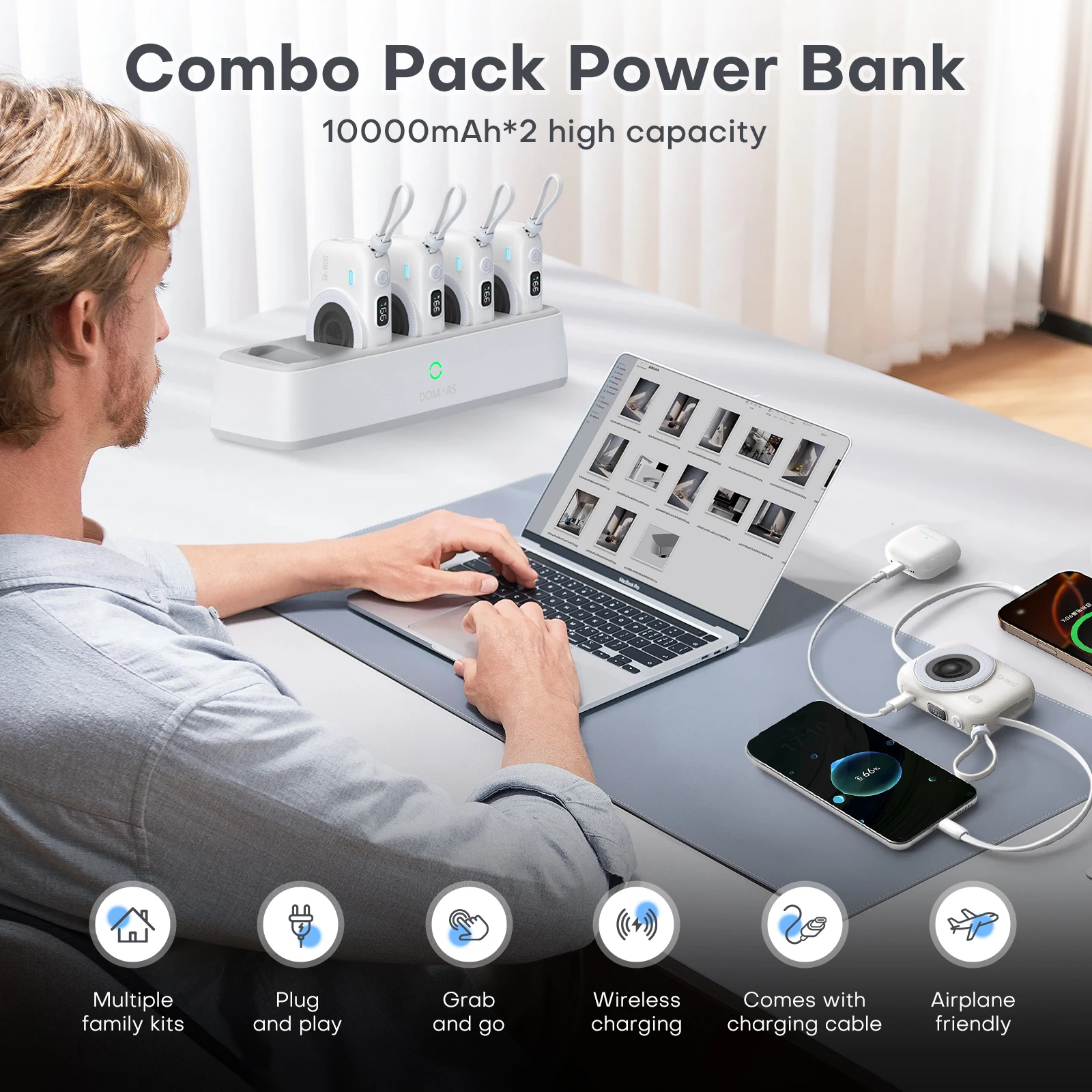 도마스 공유 파워뱅크 5개 10000mAh 마그네틱 휴대용 배터리 고속 충전 내장 데이터 케이블 CCC 인증 사무실용