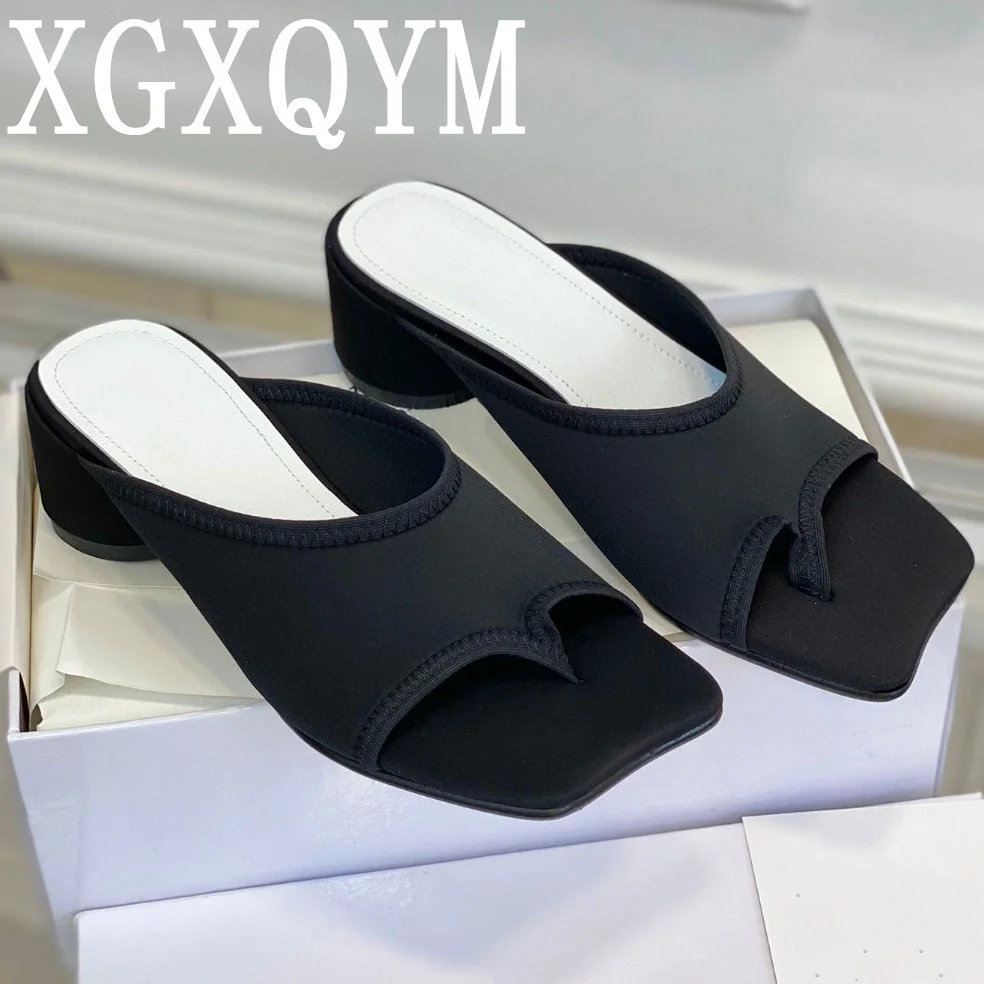 

New Fashion Brand Satin Flip Flops Chunky Heels Slippers Woman Solid Color Mules Shoes 2023 Summer Casual Sandals Handmade Mujer