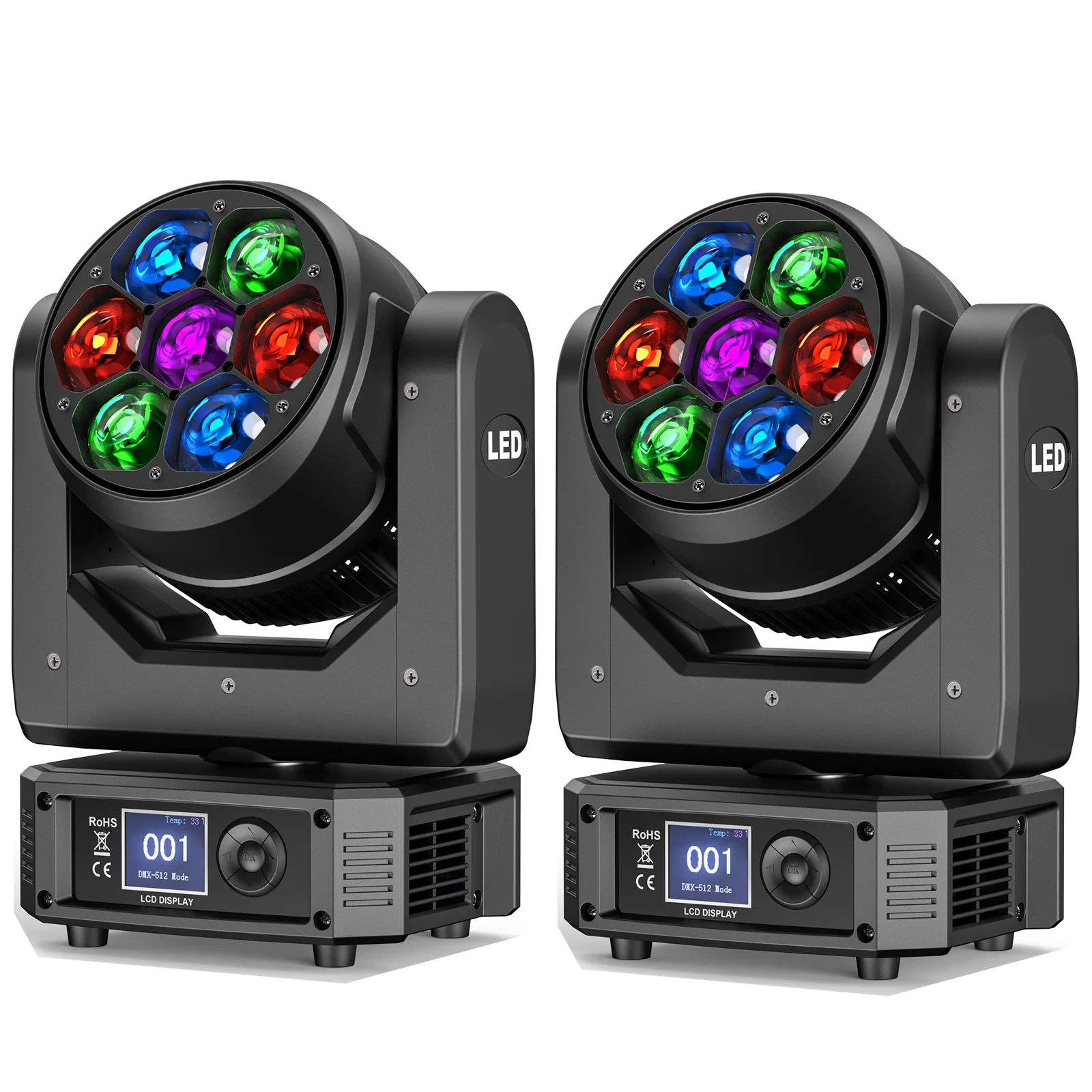Disco Light LED Stage Light Moving Beam Light 2Pcs 300W Bee Eye Moving Head Light 7X25W RGBW LED Wash Beam Zoom Stage Lights DMX DJ Light For KTV Bar wedding Party