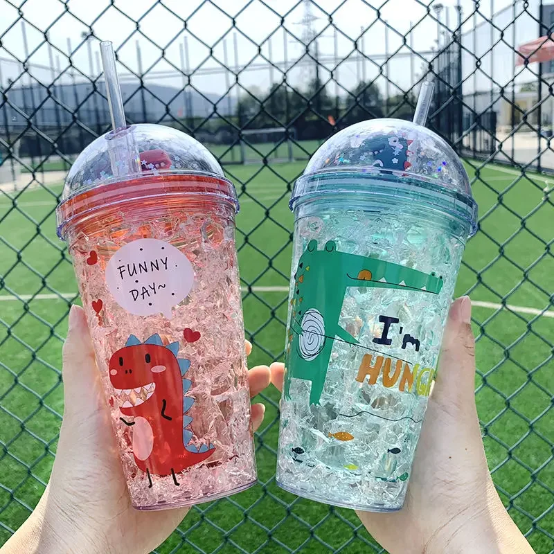 350ml Kid Plastic Cup Straw Dinosaur Doll Double Layer Refrigeration Water Bottle Gift Summer Drinkware Coffee Mug