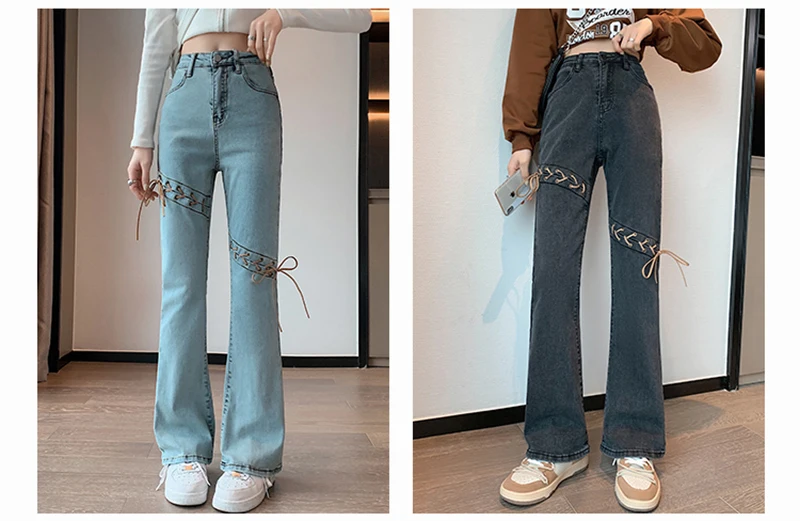 straight leg jeans JMPRS Flare Jeans Women High Waist Fashion Lace Up Skinny Denim Pants Pure Cotton Casual Korean Elastic OL Female Trousers New maternity jeans