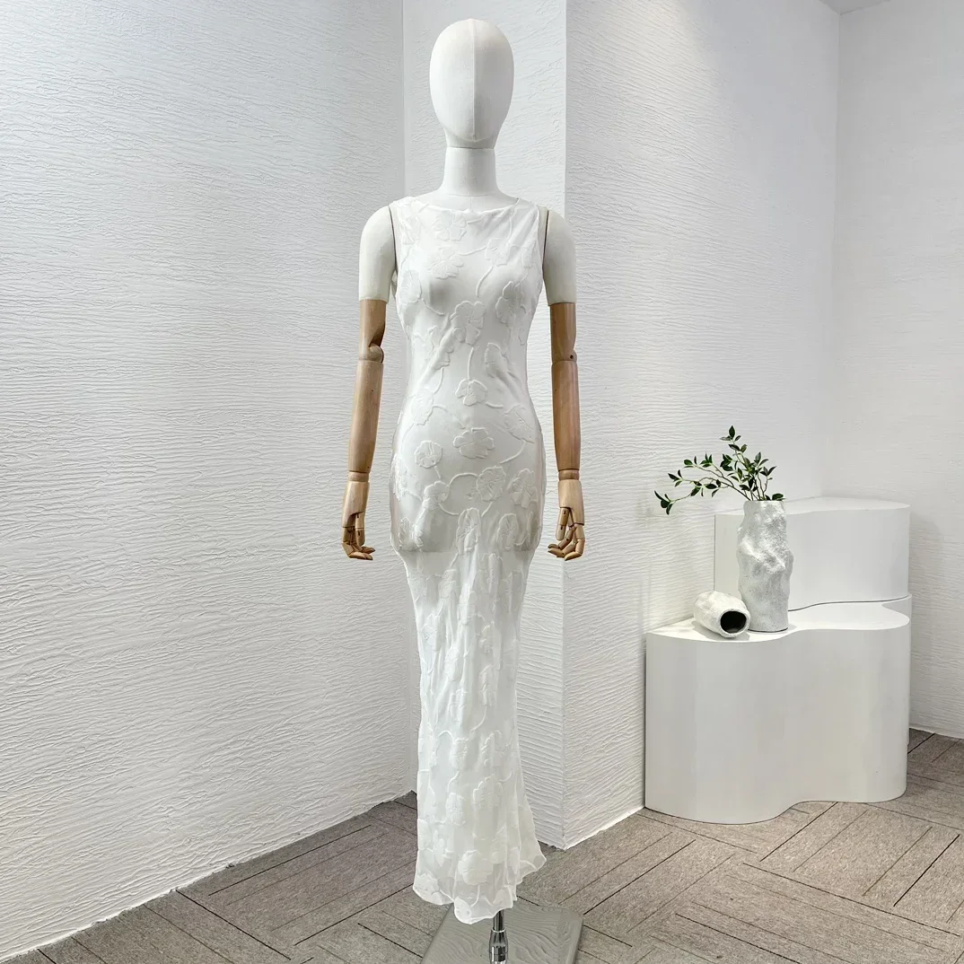 

2024 Latest Spring Summer Women Top Quality Silk White Lily Floral Semi Transparent Slim Fit Midi Carved Bateau Neck Dress