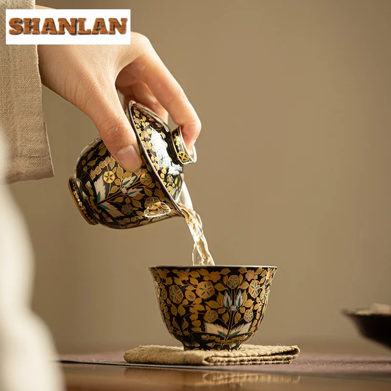 120ml Jingdezhen Gilded Silver Gaiwan Vintage Handmade Porcelain Body Tea Tureen Tea Brewing Cover Bowl Ceremony Ornaments