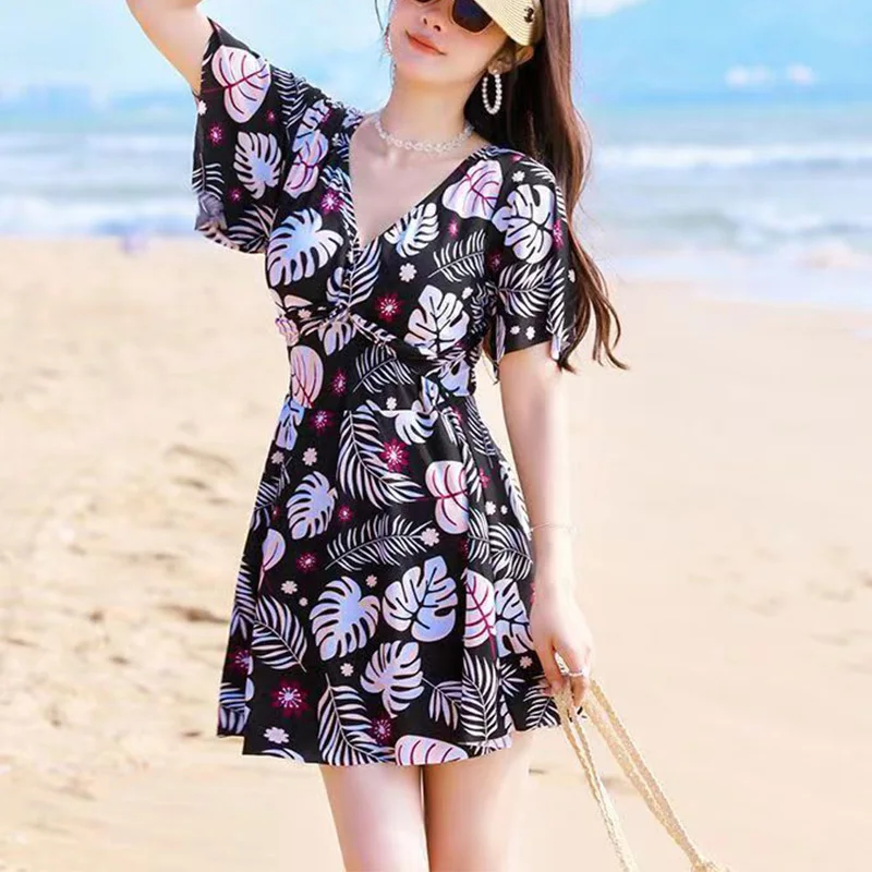Casual Conjoined Body Swimwears Summer Women Clothes Fashion V-Neck High Waisted Print Short Sleeve Backless Loose Swimming Suit