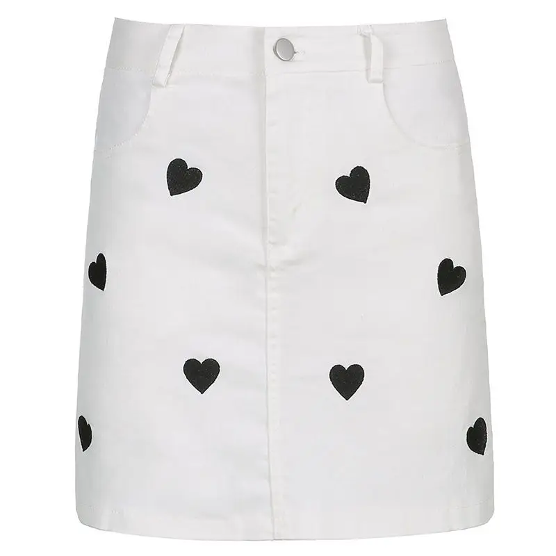 Denim Skirt Preppy Style Love Heart Embroidered Women'S Lined High-Waisted Leg-Lengthening Hip-Covering Short Skirt