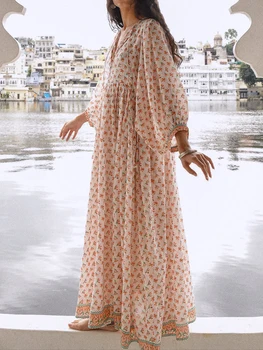 Elegant Maxi Dress with 3 4 Sleeves V Neckline and Floral Print - Stylish Loose Fit Summer Dress for Casual Wear 2