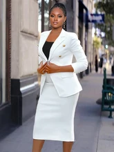  Women White Formal Business Blazer Suit Sets Elagant 6 Buttons Jacket Knee Length Skirts Wide Leg Pants Suits Casual Office Work 