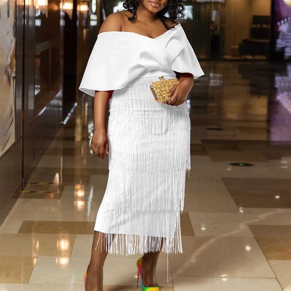 Plus Size Chic And Elegant Woman Dress Off Shoulder Tassel Club Outfit Lady Casual Luxury Gowns 2023 Spring Evening Party Dress